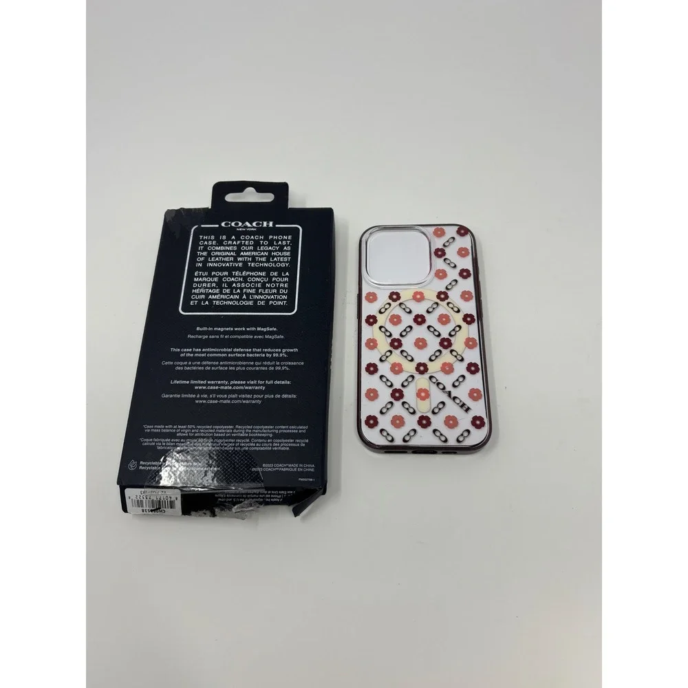 Coach iPhone 15 Pro Case MagSafe Floral Signature C Pattern Pink Burgundy New